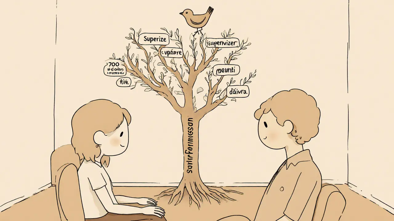 Terapeut a klient spolu s rostoucím stromem supervize a vlastní terapie v klidné místnosti.