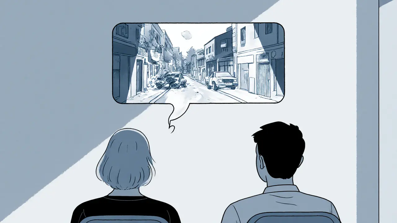 Terapeut a pacient spolu sedí, zatímco traumatická vzpomínka pomalu mizí ve vzduchu.