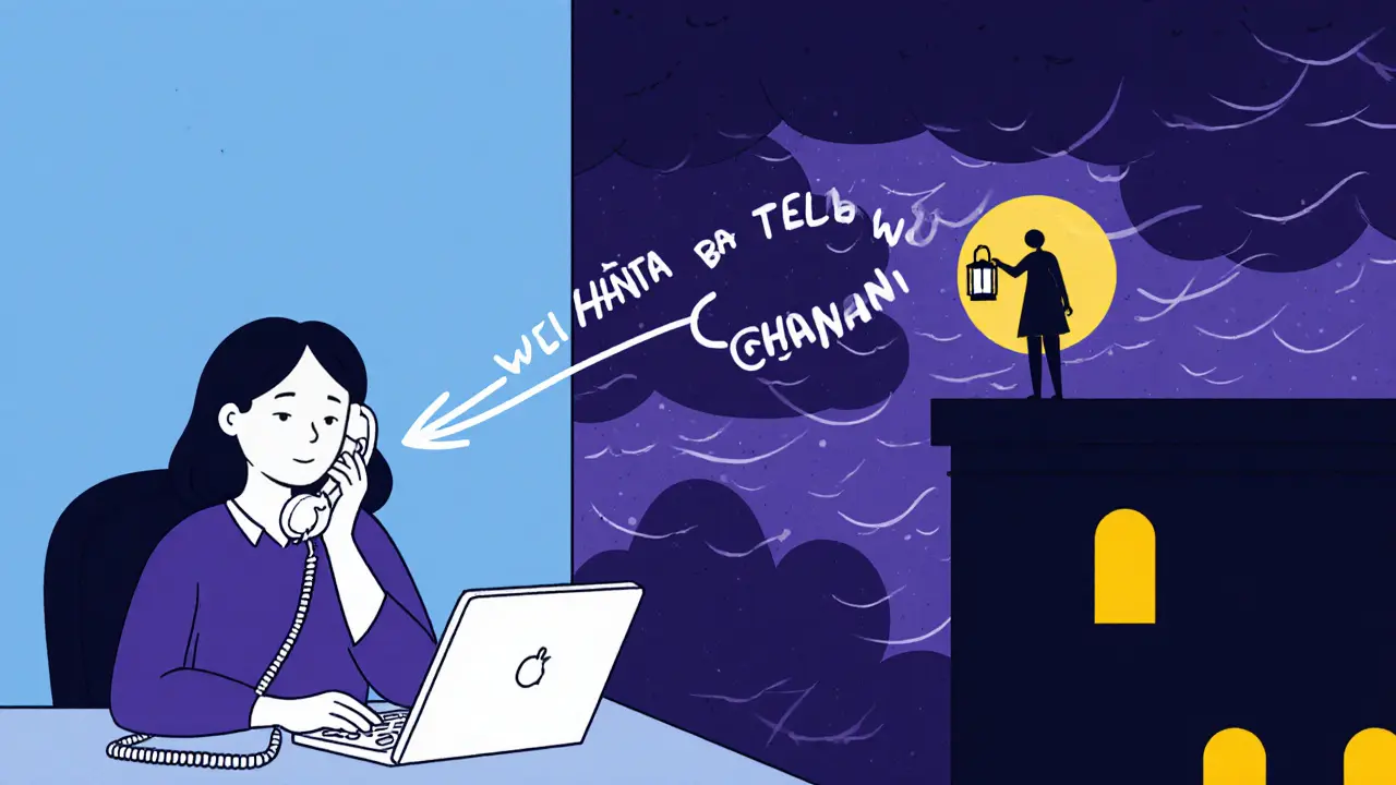 Terapeut na telefonu spojený s osobou v krizi, která drží lucernu s nápisem 'Dýchání'.