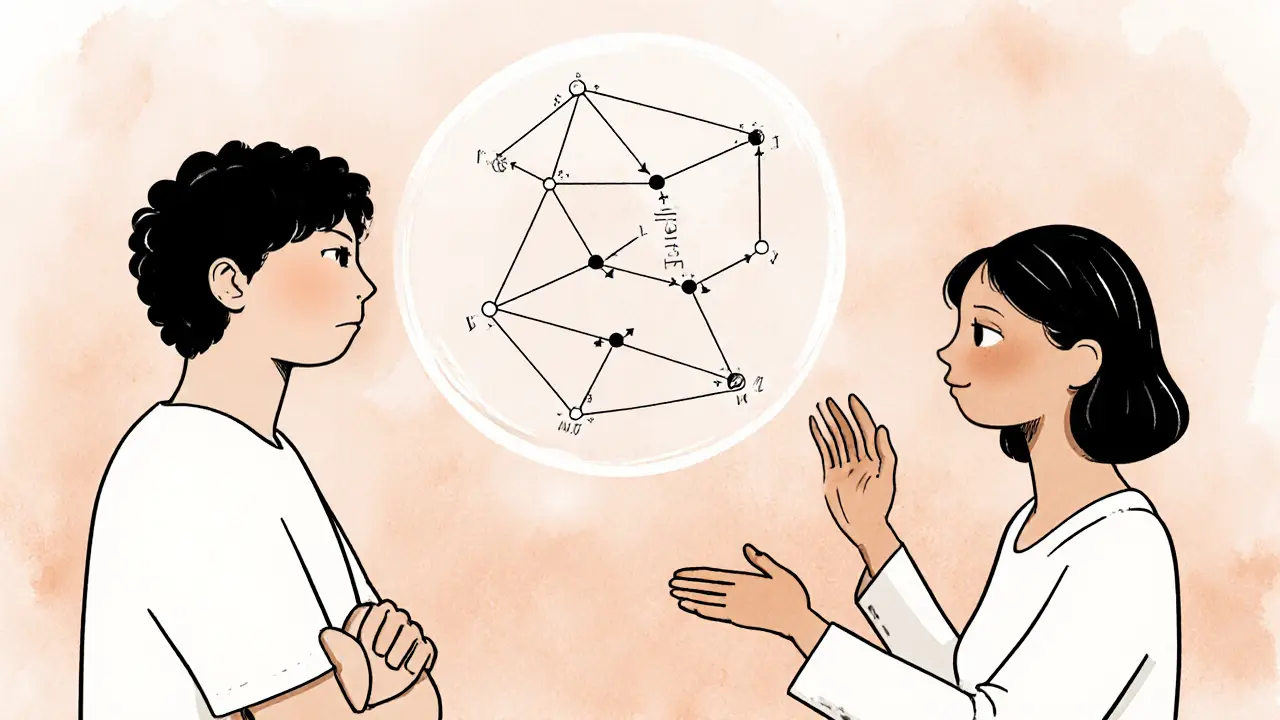 Terapeut pomáhá páru fyzicky představit jejich vztahový vzorec ve formě tancujících postav.