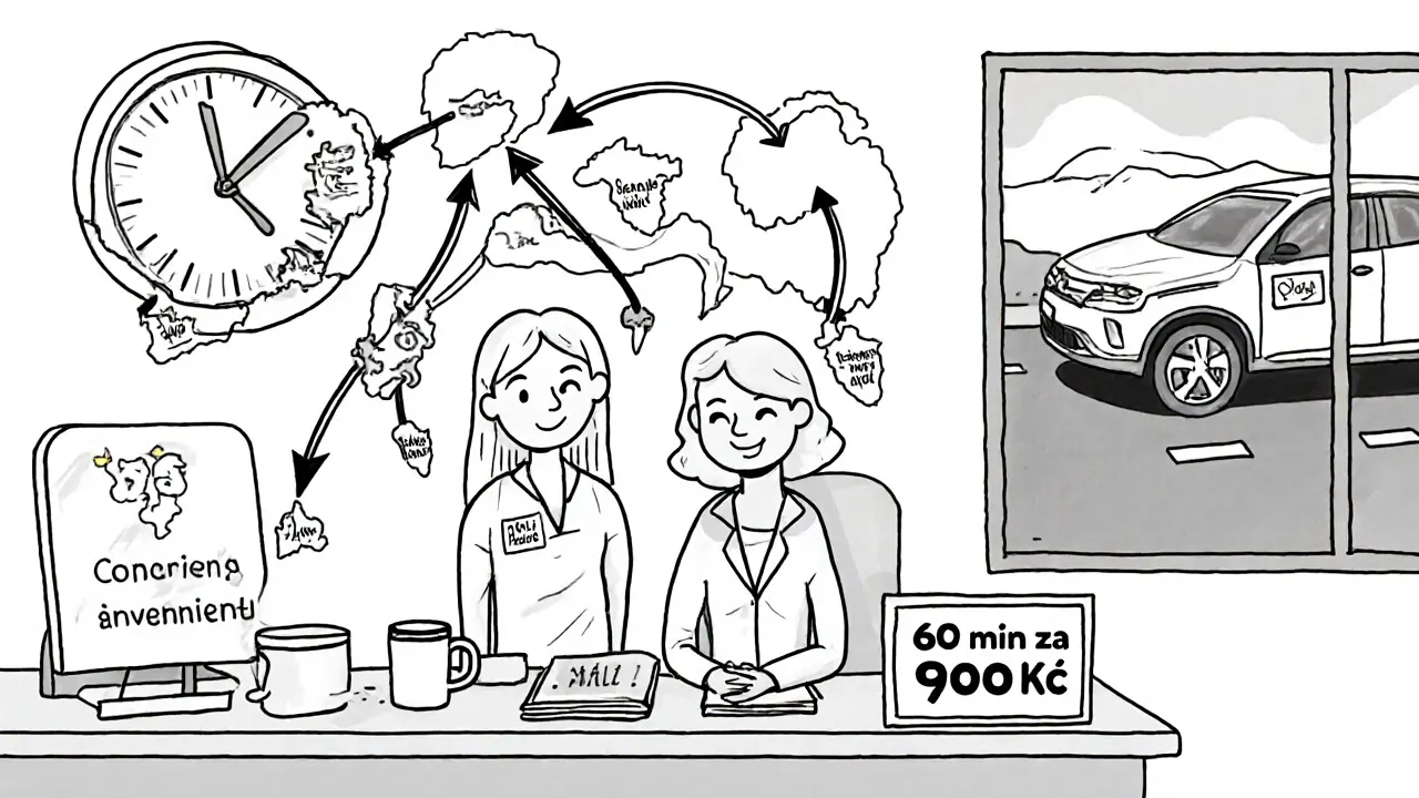 Terapeut v regionu přijímá klienta z vzdáleného města, trvá 60 minutové sezení.