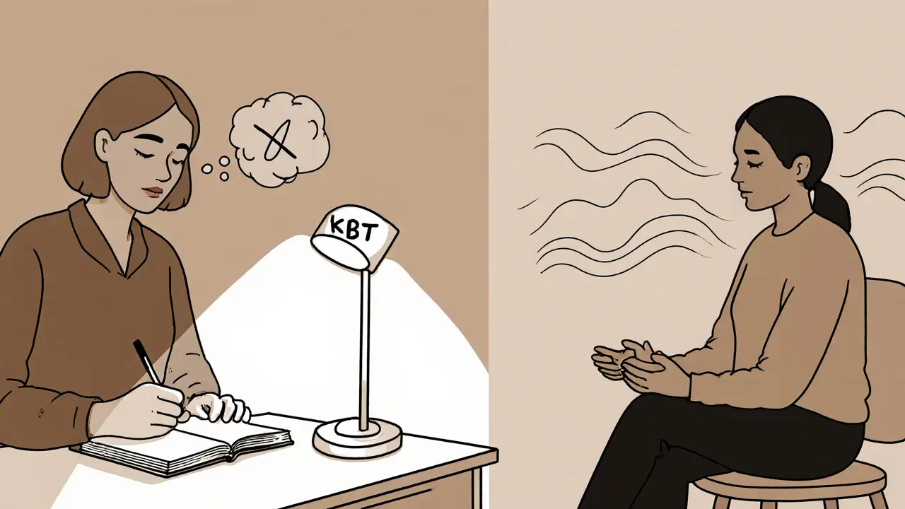 Terapeut vedoucí dva klienty: jeden zapisuje myšlenky, druhý medituje — oba v klidné místnosti.