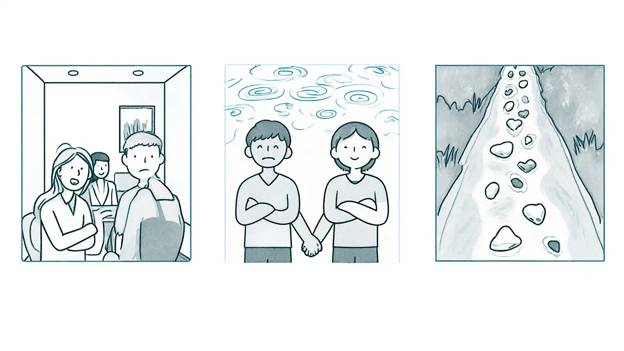 Tři panely ukazující fáze párové terapie: napětí, spojení a společná cesta.