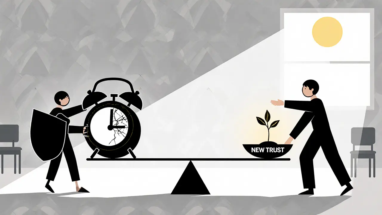 Váha mezi minulou bolestí a novou důvěrou, dvě postavy rovnovážně působí na její vývoj.