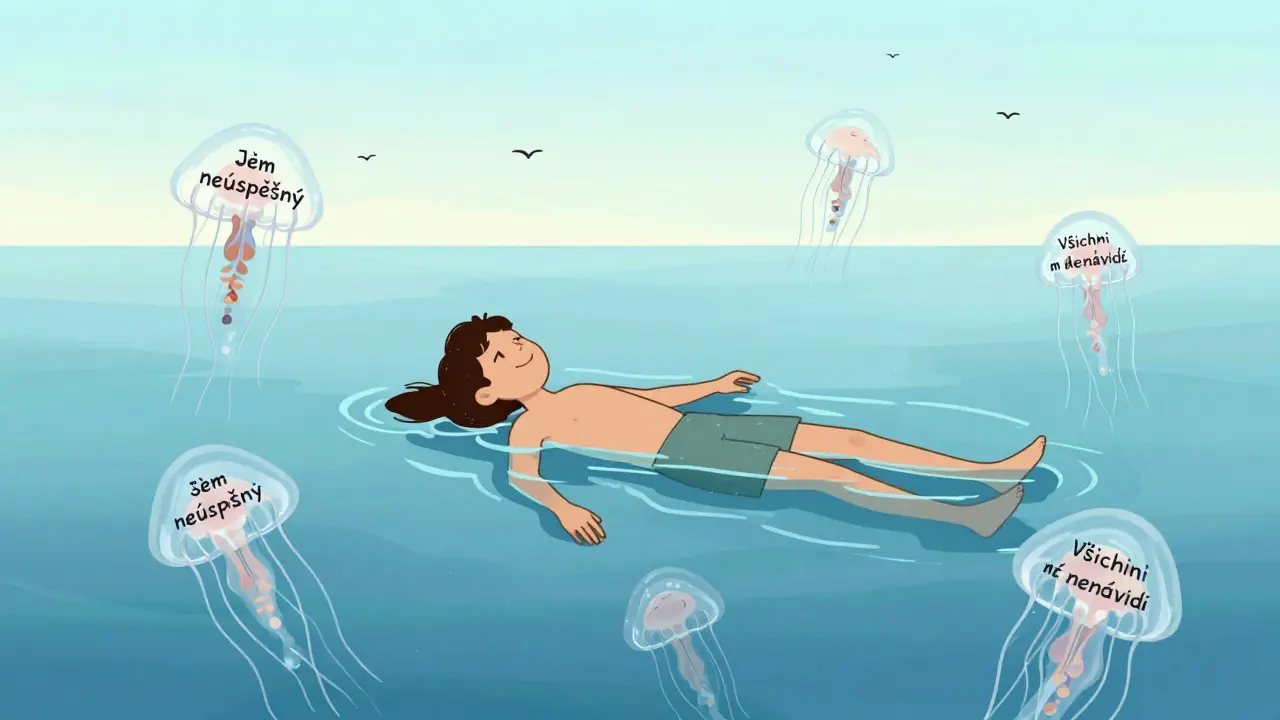 Člověk klidně plave v moři, kde myšlenky jsou jako medúzy, které se vzdalují.
