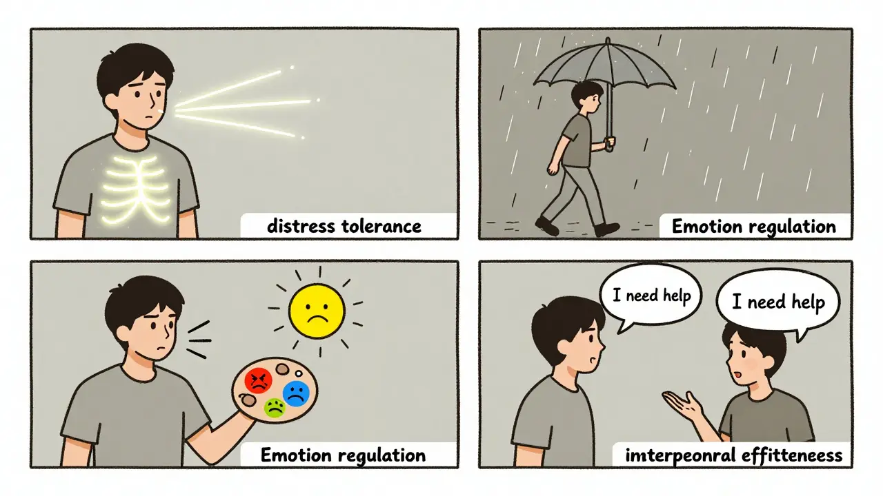Čtyři scény znázorňující moduly DBT: dýchání, odolnost, emoce a komunikaci.