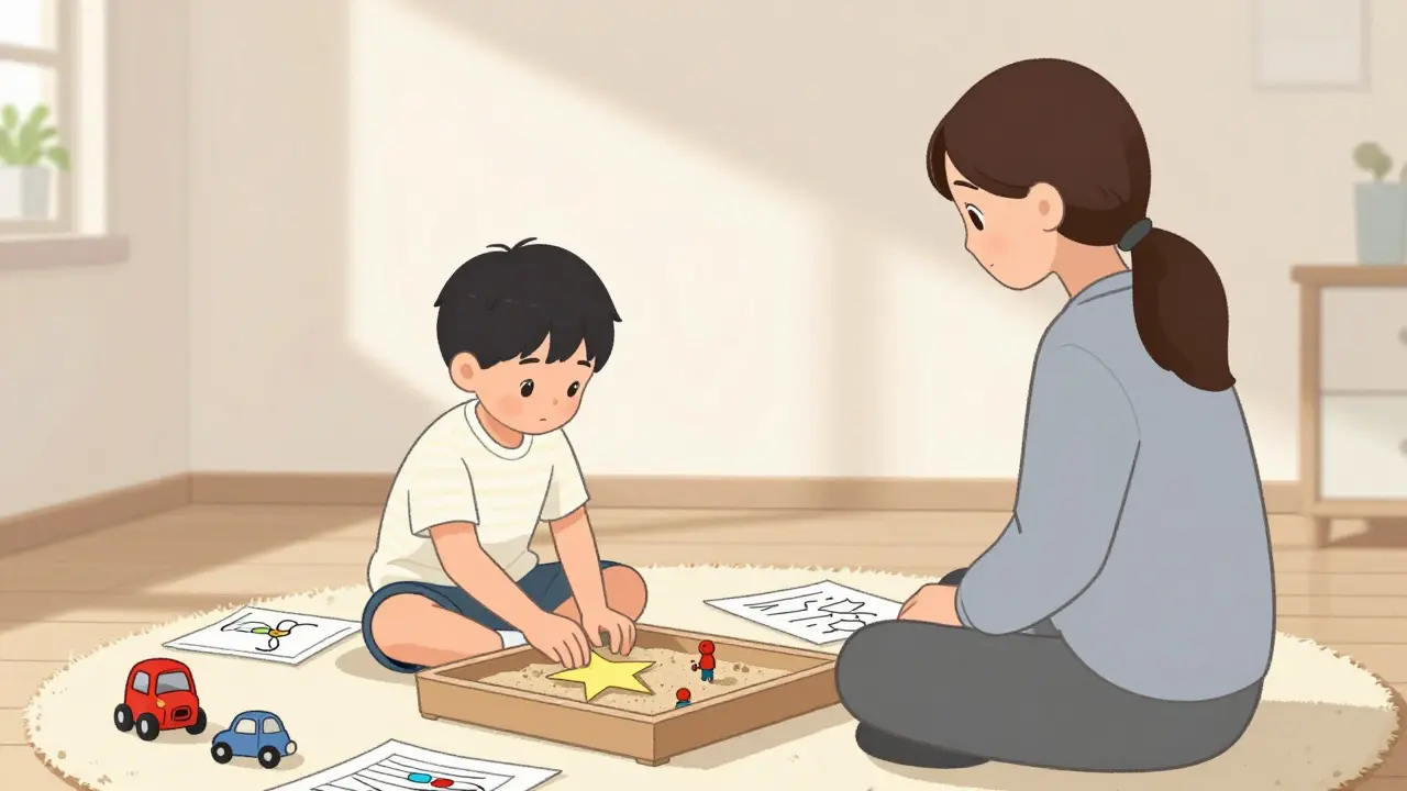 Dítě a terapeut spolu na podlaze hrají s panenkami a pískovou mísou v klidném prostředí.