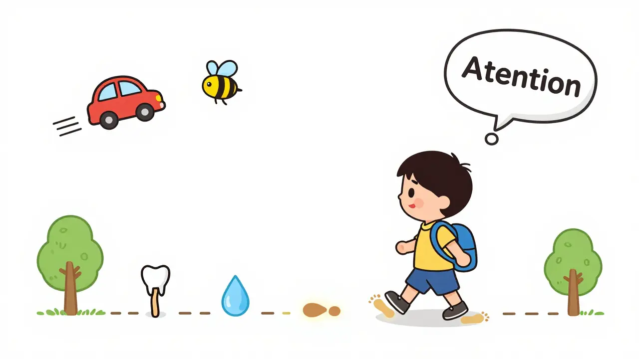 Dítě chodí do školy, jeho pozornost je jako balónek nad hlavou.