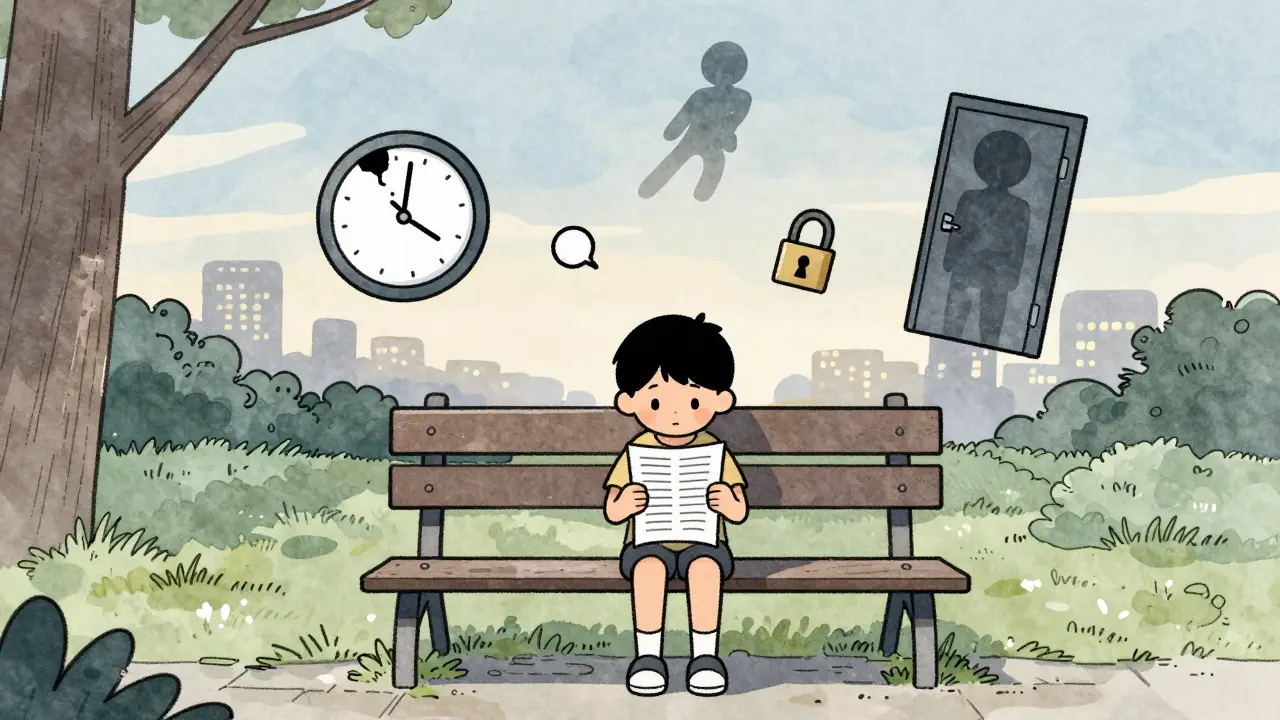 Dítě na lavičce v noci s představou emocionálního zatížení.