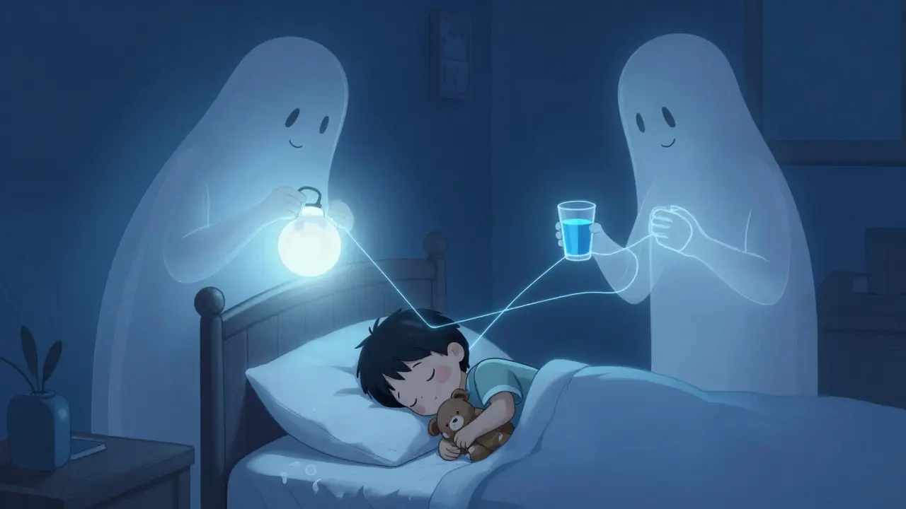 Dítě spí, oba rodiče stojí tiché u postele, světlo je měkké.