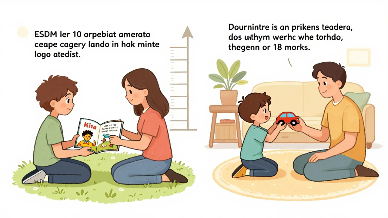 Dítě v terapii a doma ukazuje pokrok v komunikaci po 18 měsících ESDM.