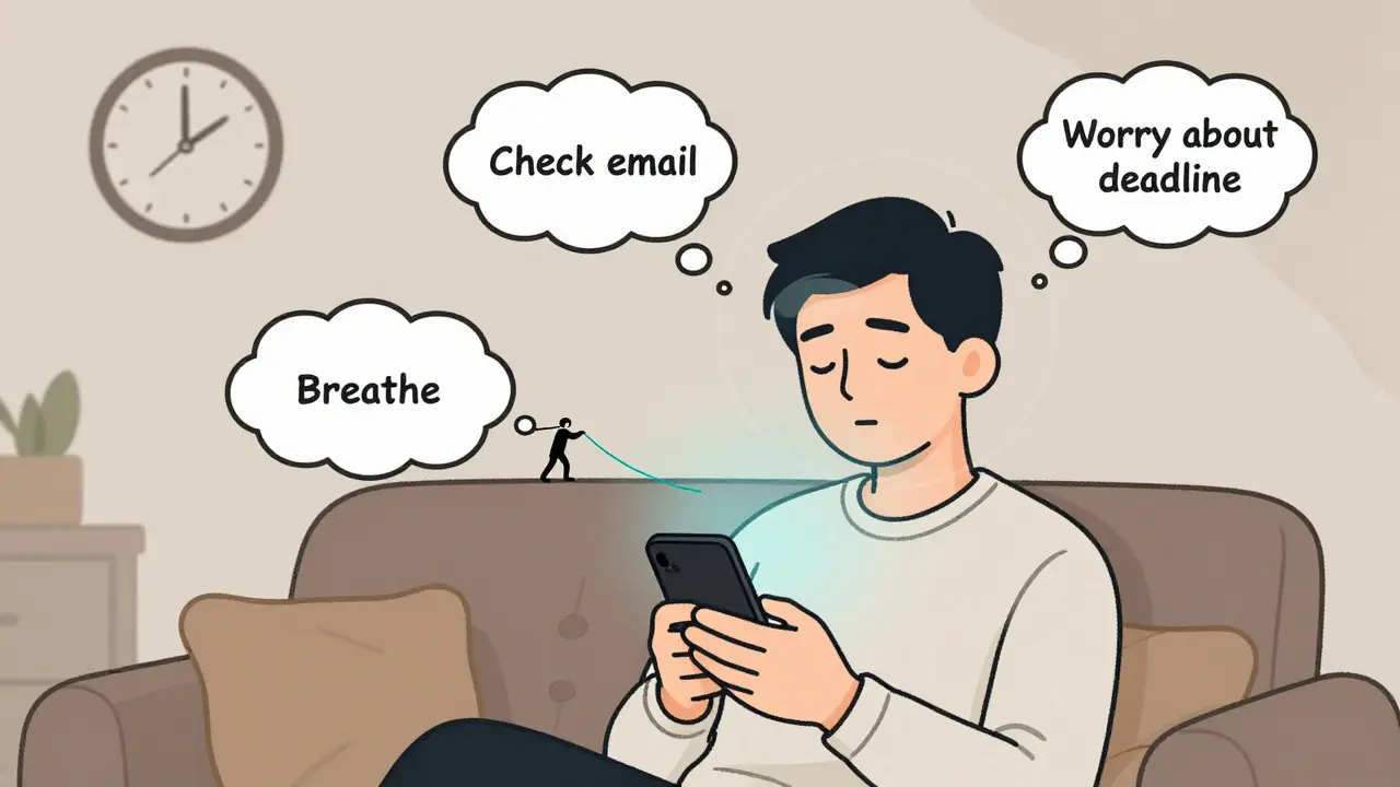 Dospělý s telefonem, ale jemný vláken dýchání ho vrací k přítomnosti.