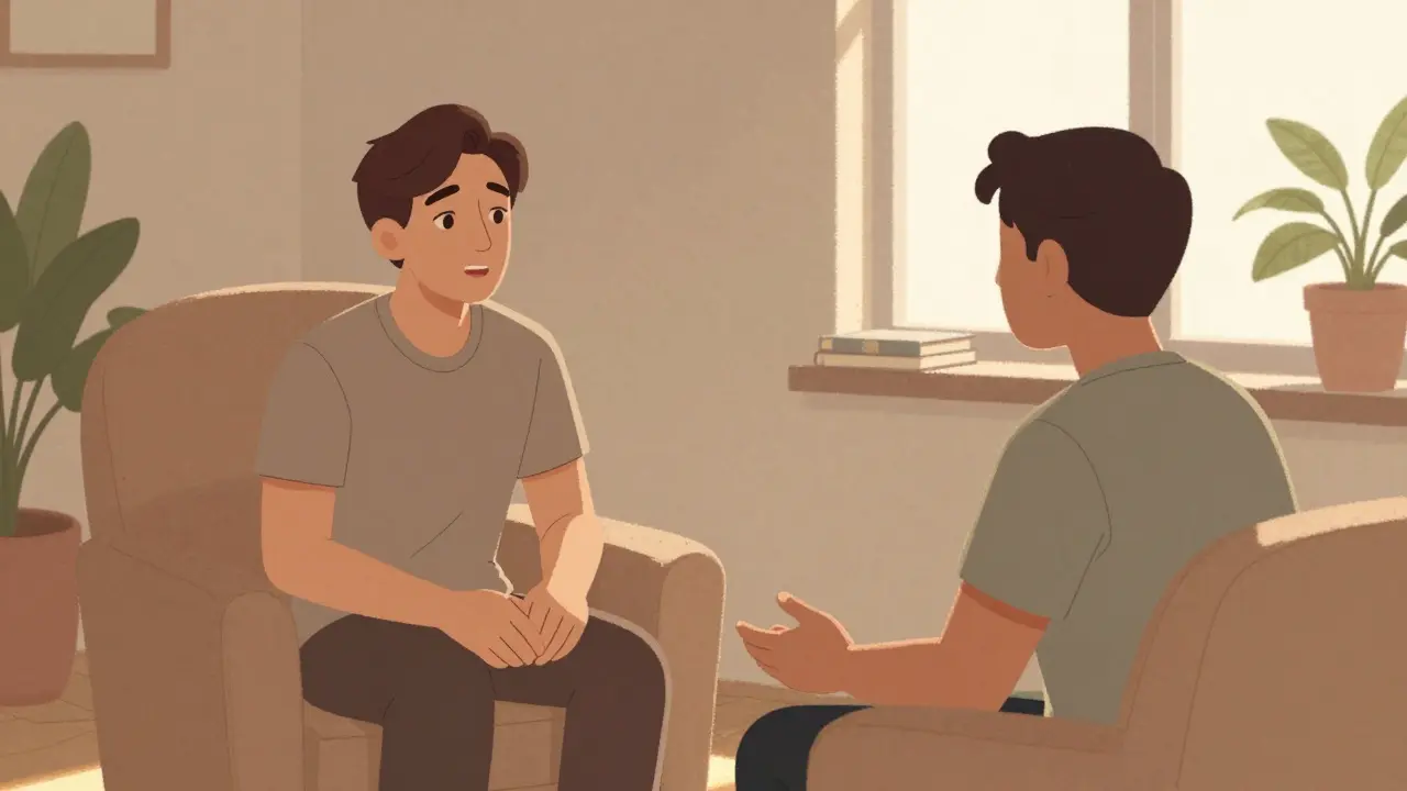 Dva lidé v klidné terapeutické místnosti, jeden mluví, druhý naslouchá s otevřeným postojem.