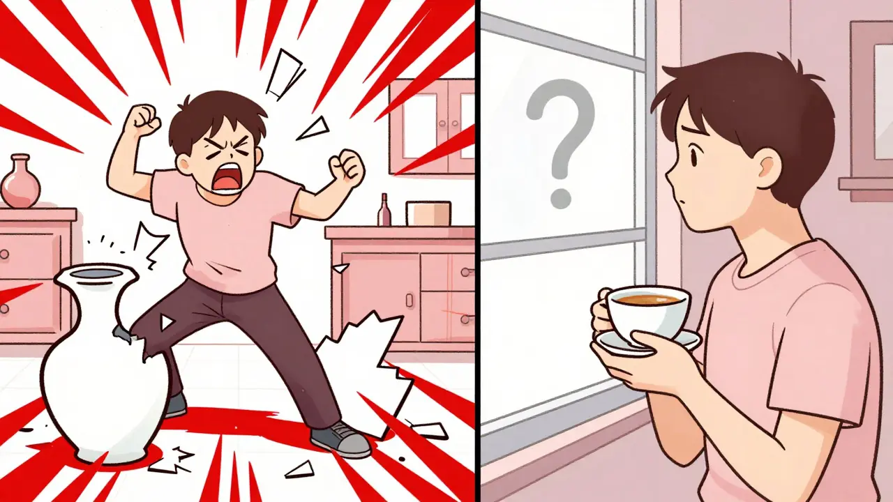 Dvě scény: jedna s chaotickou reakcí, druhá s klidnou introspekcií — přechod od hříčky k porozumění.