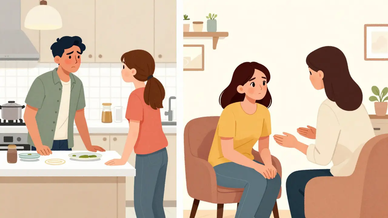 Dvě scény stejného páru: hádka vs. mírová komunikace v terapii.