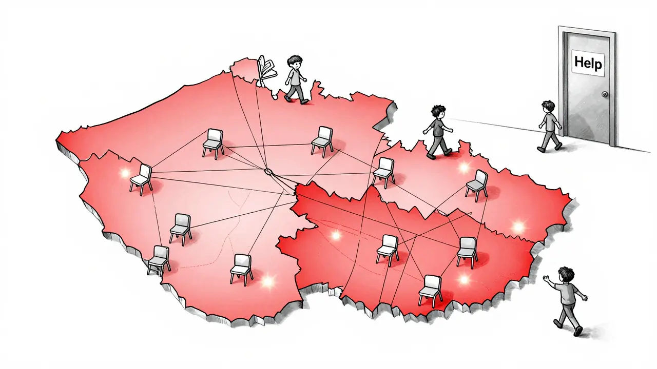 Mapa Česka s označenými oblastmi rizika duševního zdraví dětí.