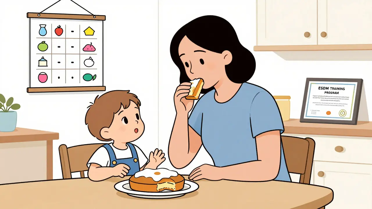 Matka a dítě hrají s koláčkem v kuchyni, matka čeká na iniciativu dítěte.