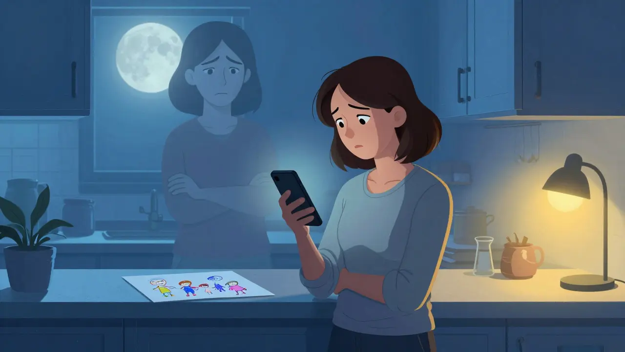 Matka v kuchyni hledí na telefon, za ní průhledný obraz její matky s přísným výrazem.