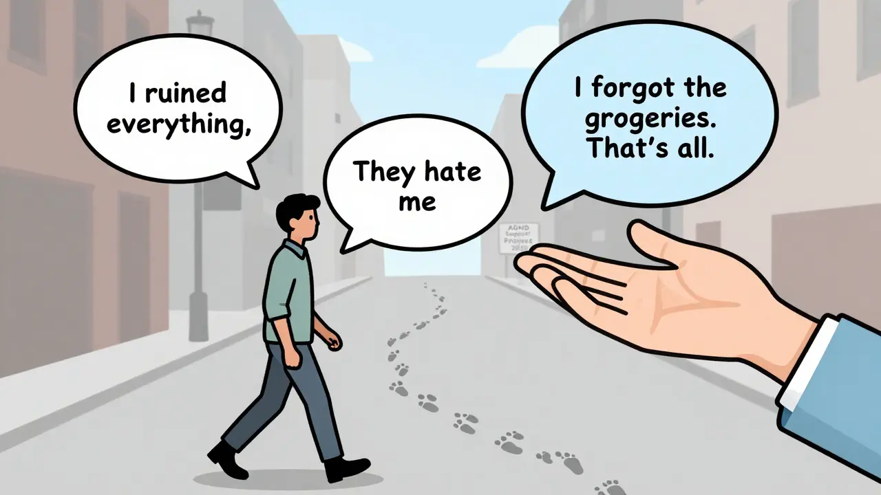 Mysli přeměněny z negativních na klidné přes terapeutickou intervenci, symbolizující kognitivní přestavbu.