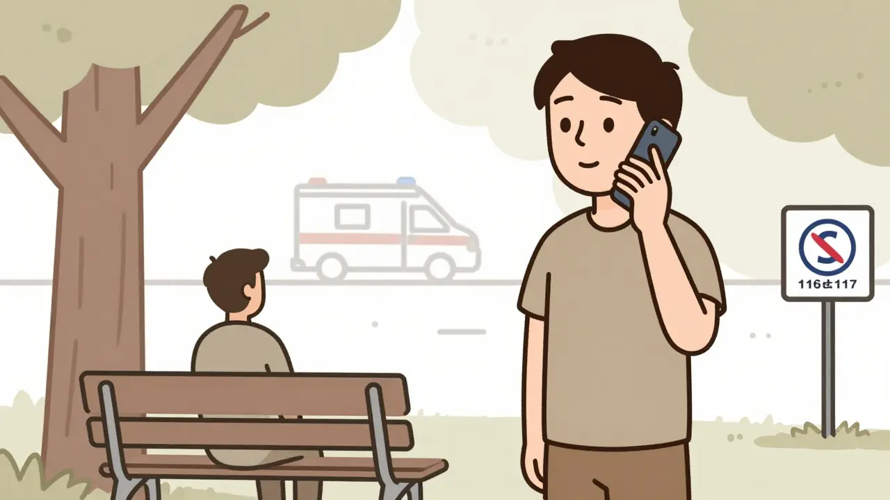 Osoba hovorí po telefonu vedle někoho na lavičce, na pozadí je naznačená záchranářská vozidla a číslo 116 117.