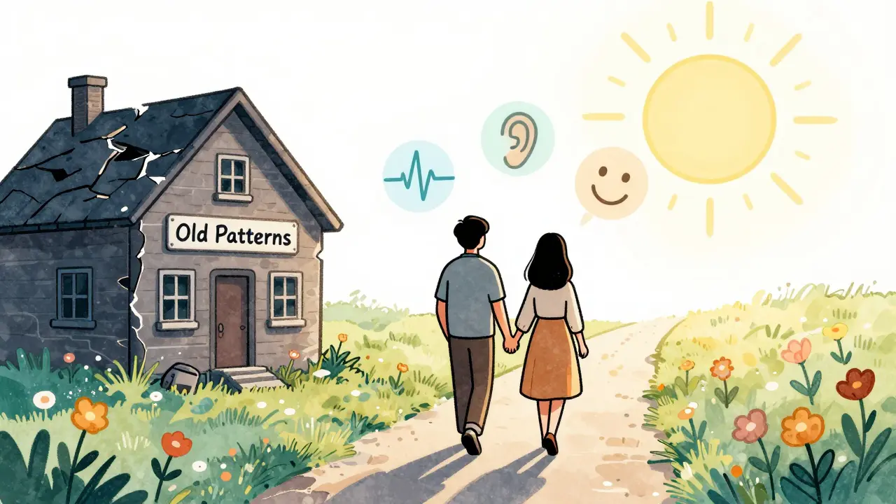 Pár opouští temný dům starých vzorců a jde k světlé cestě obnovy.