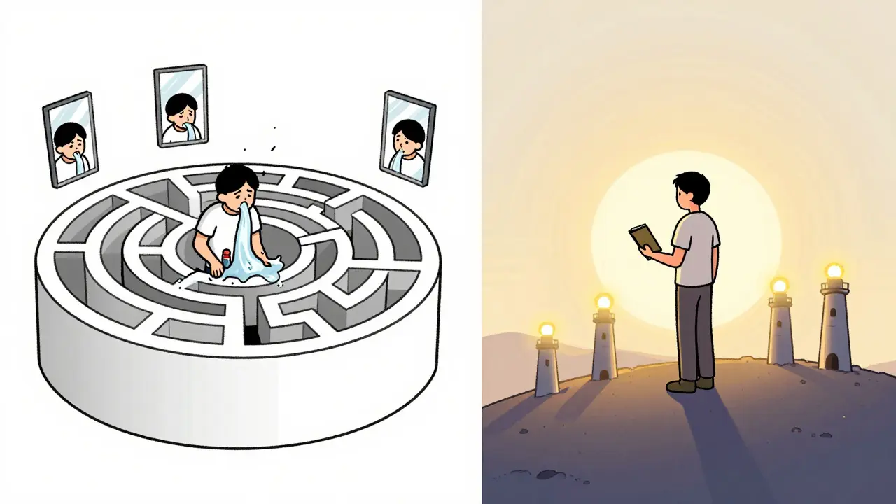 Před a po: osoba z věčného kruhu bulimie na cestě k volnosti s pilíři DBT za sebou.