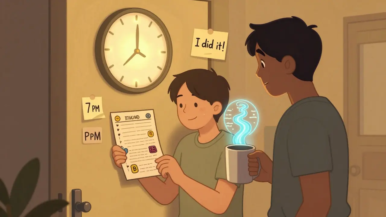 Přítel přináší kávu k plánovači s nálepkami a analogovými hodinami, symbolizující podporu a pokrok.