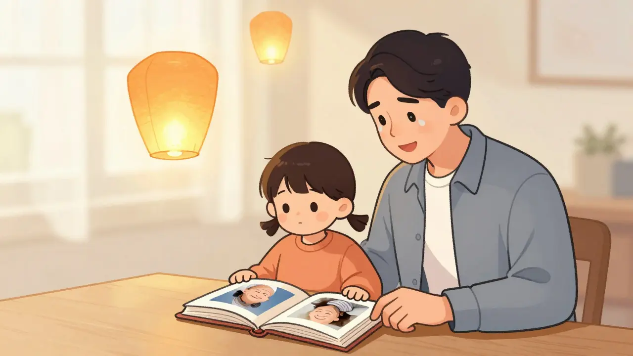 Rodič a dítě společně listují fotografiemi, které se lehce vznášejí kolem nich jako papírové lampiony.