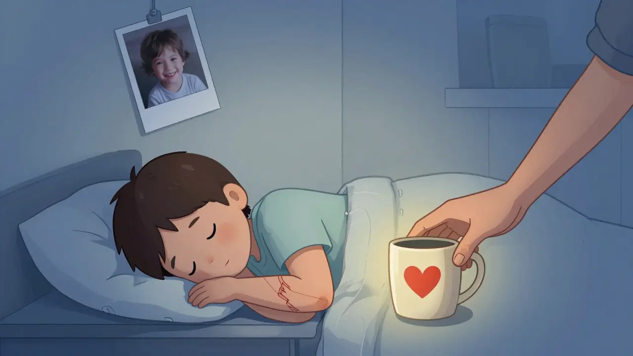 Rodič klade kávu k posteli spícímu dítěti, na paži jsou stopy po sebevražedném chování.