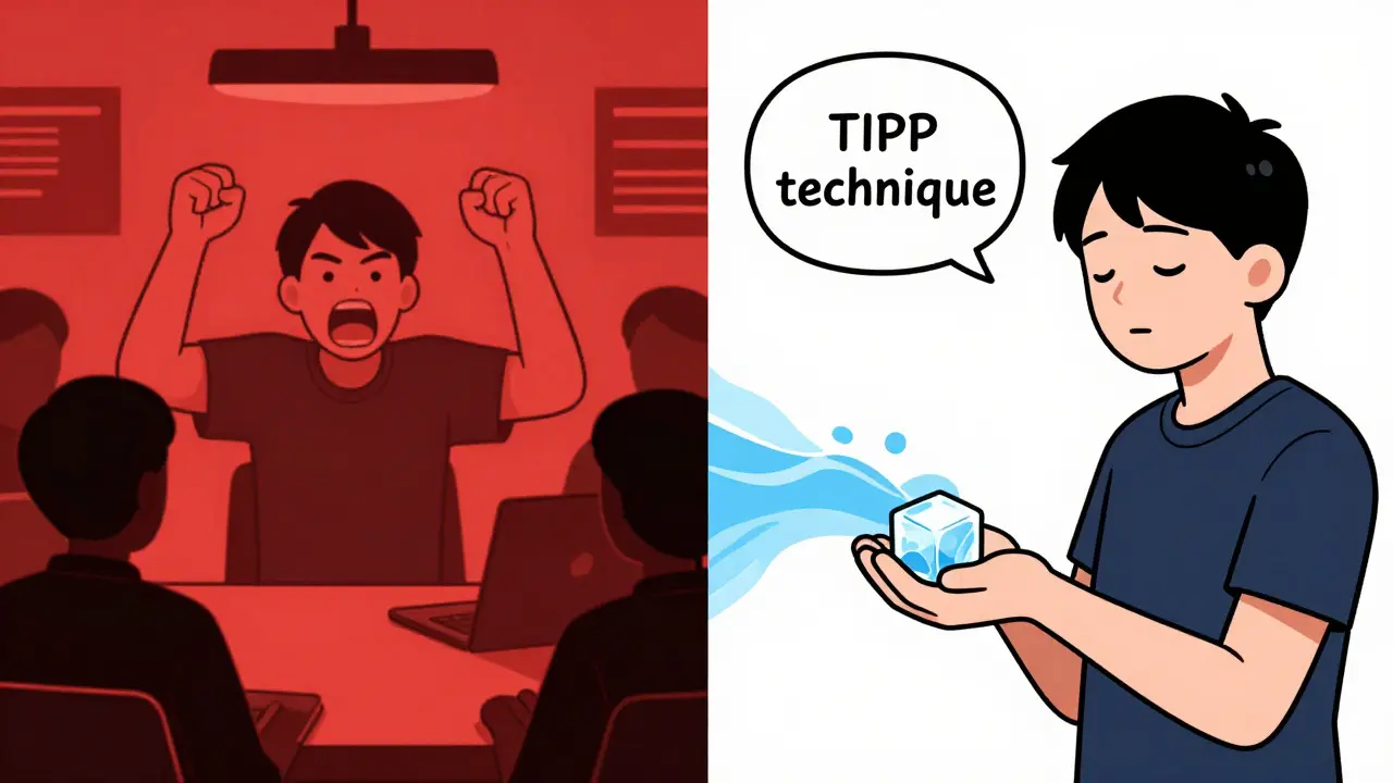 Rozdíl mezi emočním výbuchem a použitím techniky TIPP s ledem – dvě scény v jednom obrázku.