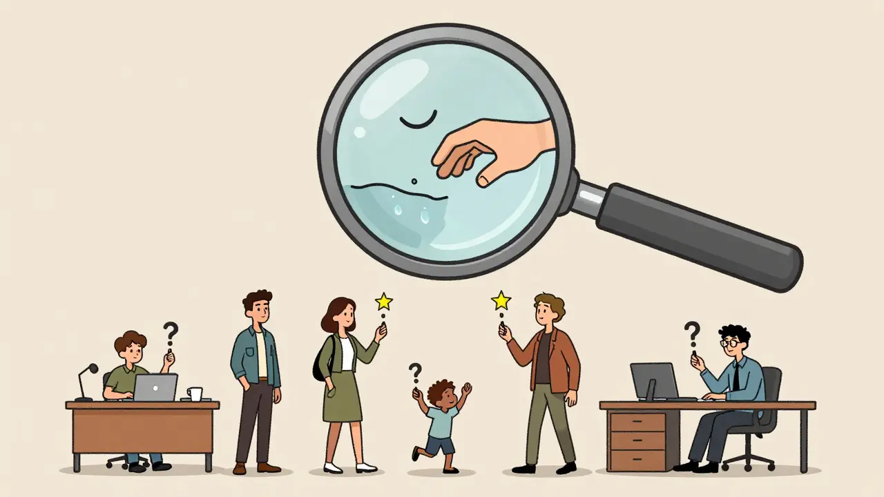 Různí lidé v běžných situacích, jejich otazníky se mění ve hvězdičky, přes ně přehlíží zvětšovací sklo.