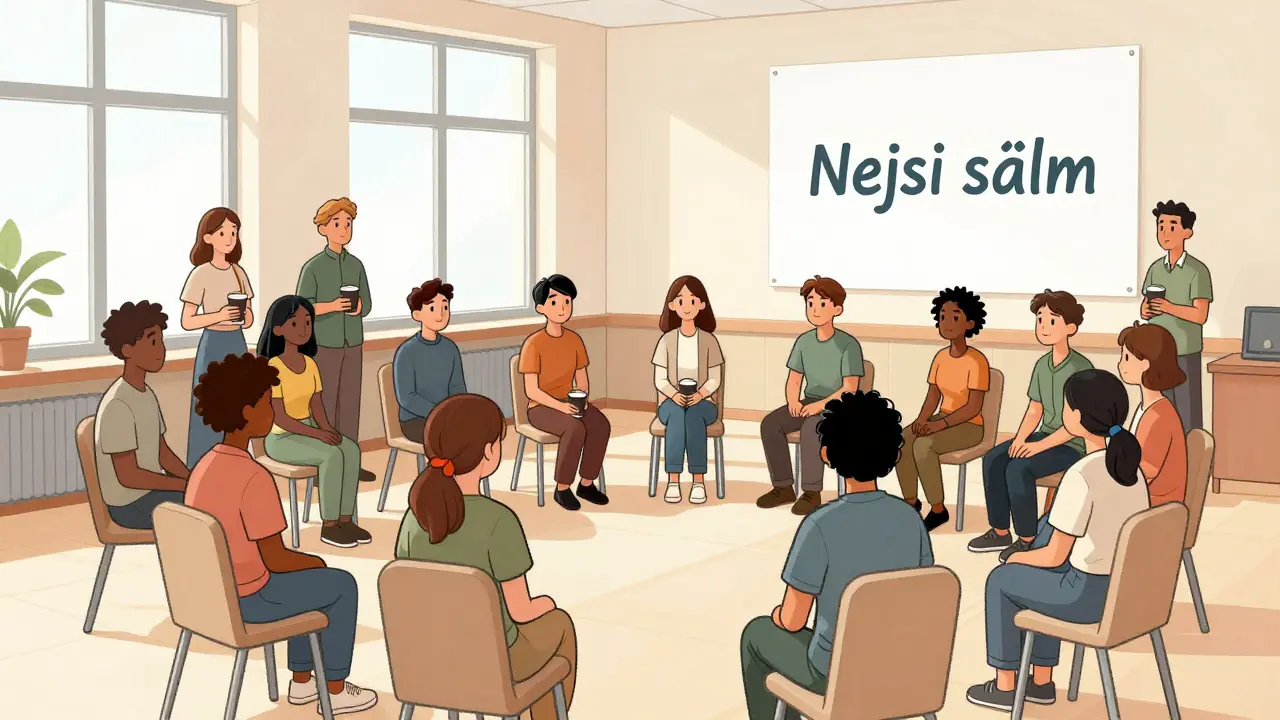 Skupina lidí v komunitním centru, tiše spolu, plakát s 'Nejsi sám'.