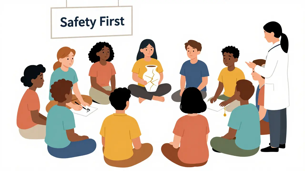 Skupina lidí v kruhu, kteří se léčí tělesně a kreativně, s nápisem 'Bezpečí je první'.