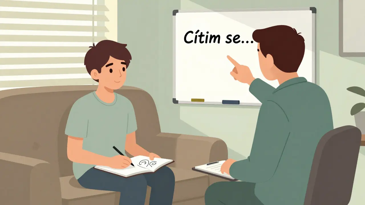 Terapeut a dospívající sedí vedle sebe v klidné kanceláři, dítě kreslí.