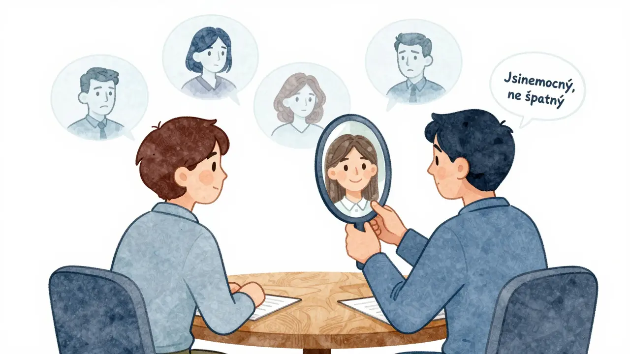 Terapeut a klient sedí u stolu, zrcadlo odhaluje jejich mladší verzi, kolem nich plavou hlasové bubliny kritiky.