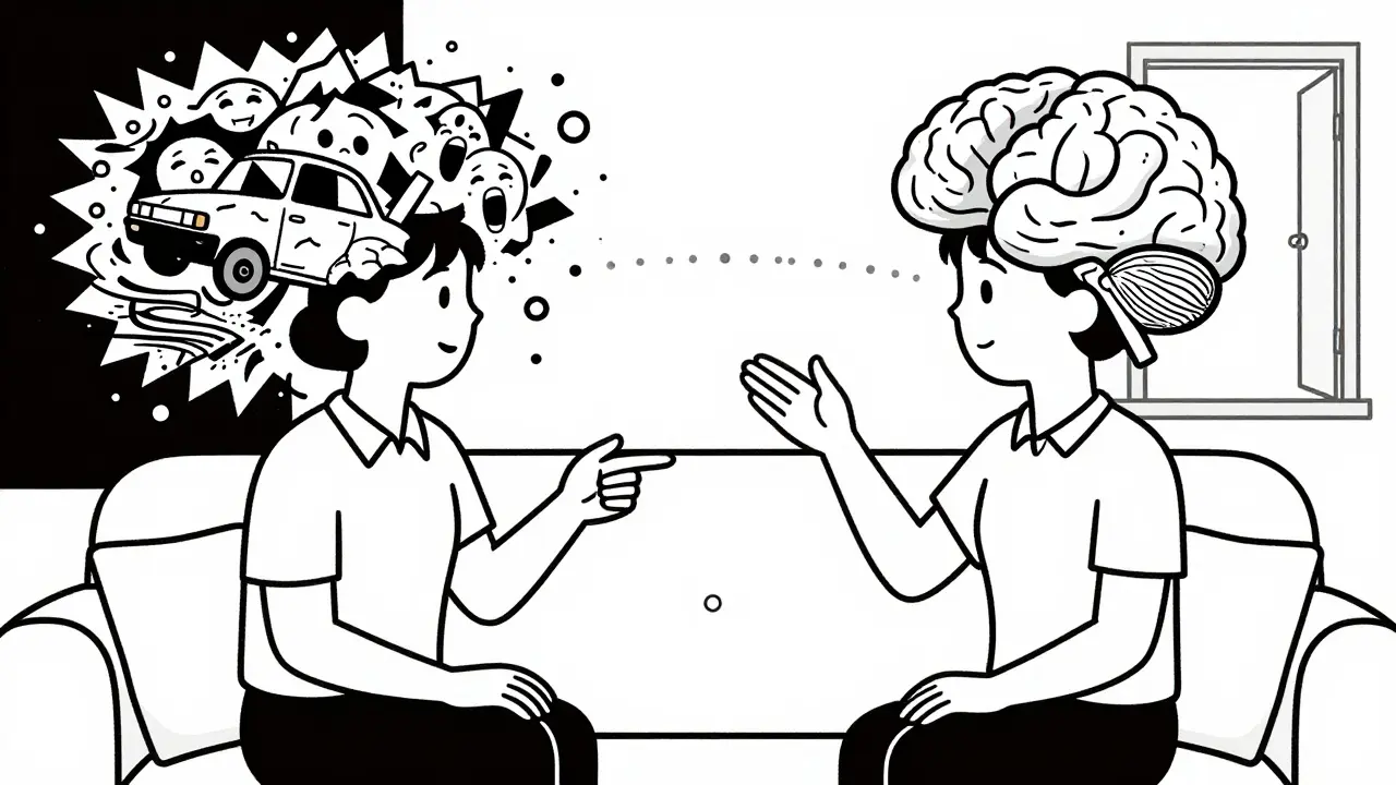 Terapeut a klient spolu, mozek klienta ukazuje přechod od strachu k klidu díky bilaterální stimulaci.