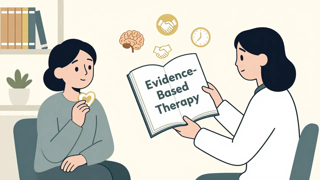 Terapeut a klient v klidné místnosti, nad nimi plave kniha o důkazové terapii s ikonami vztahu a času.