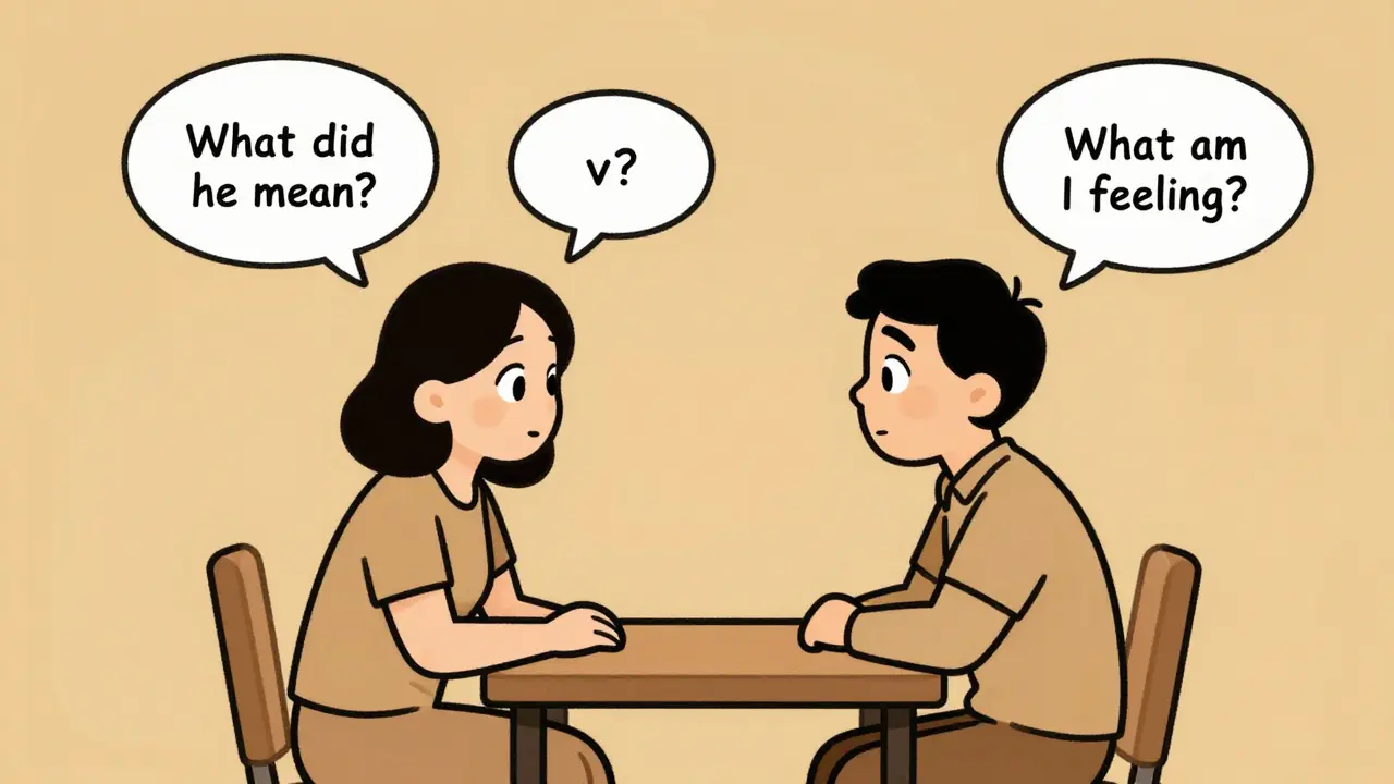 Terapeut a klient v terapeutické sezení, kteří se zamýšlejí nad tím, co druhý myslí a cítí.