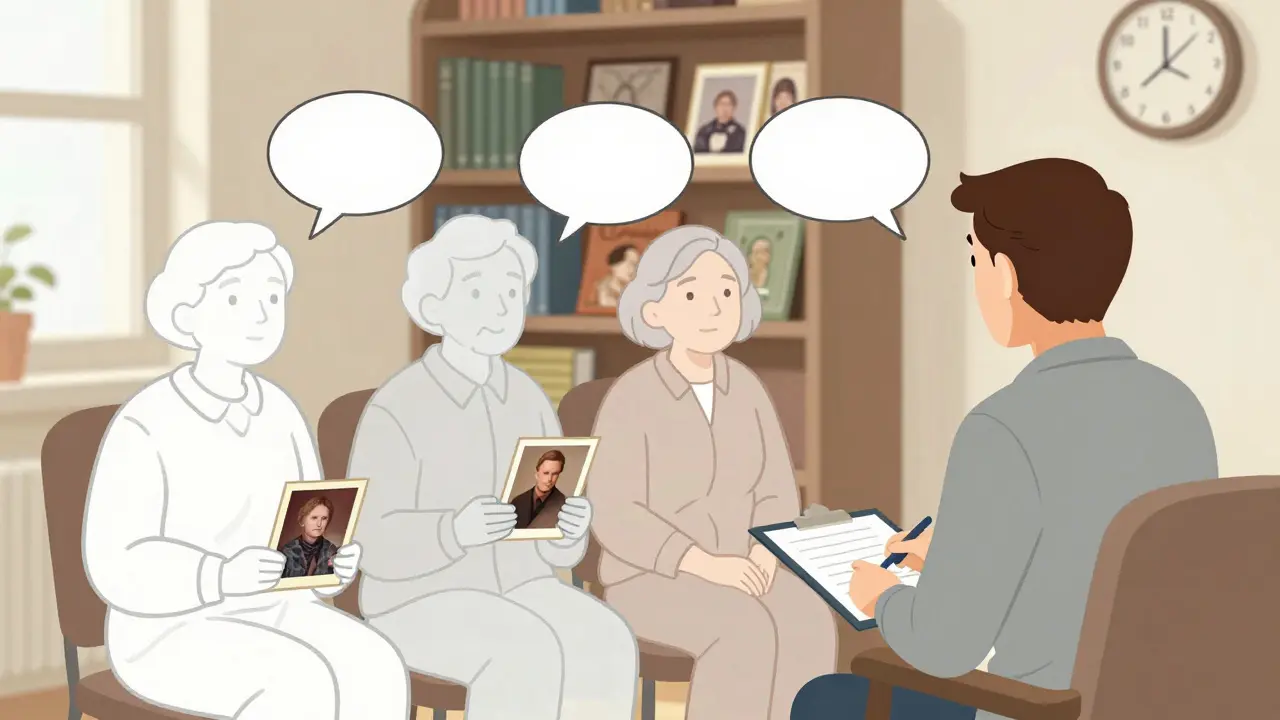 Terapeut a rodiče v kanceláři, průhlední prarodiče sedí vedle nich jako neviditelní členové.