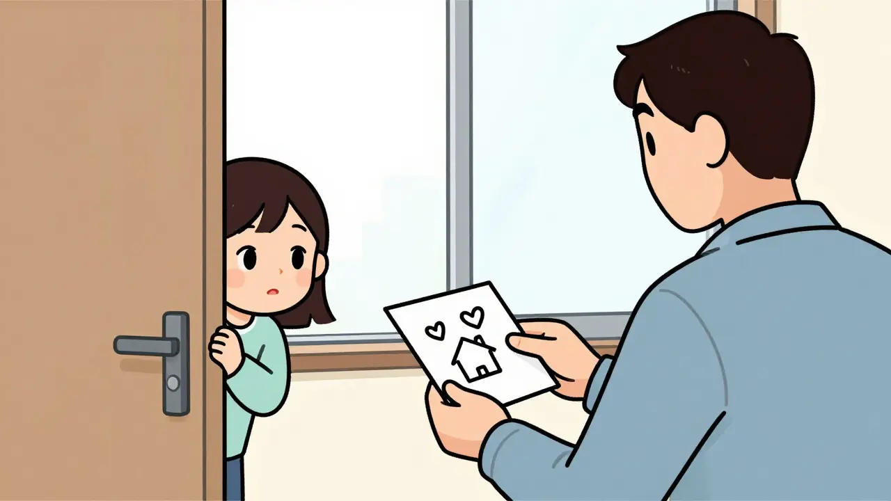 Terapeut podává otci dopis, dítě se dívá z dveří.