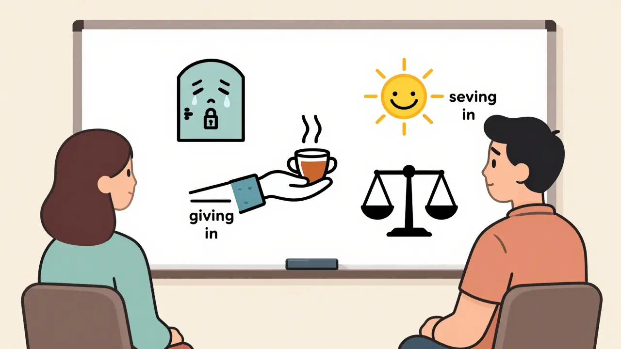 Terapeut s rodiči analyzuje chování na tabuli s ikonami a hranicemi.