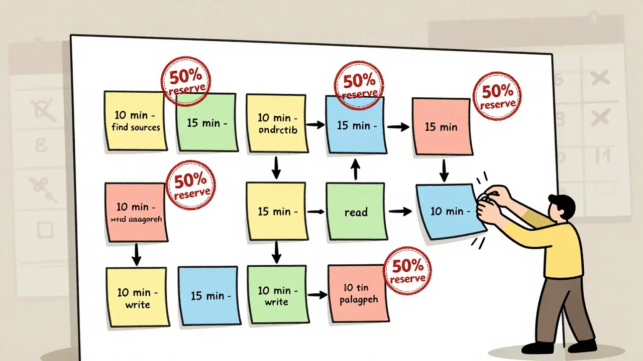 Úkol &#039;napsat esej&#039; rozdělený na barevné nálepky s časovými bloky a zvýrazněnou rezervou 50 % na papírovém plánu.