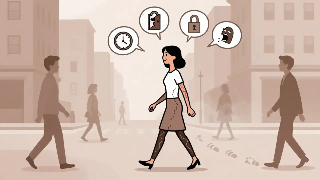 Žena jde ulicí, smí se, ale její tělo je ztěžklé a nad hlavou se vznášejí symboly únavy a izolace.