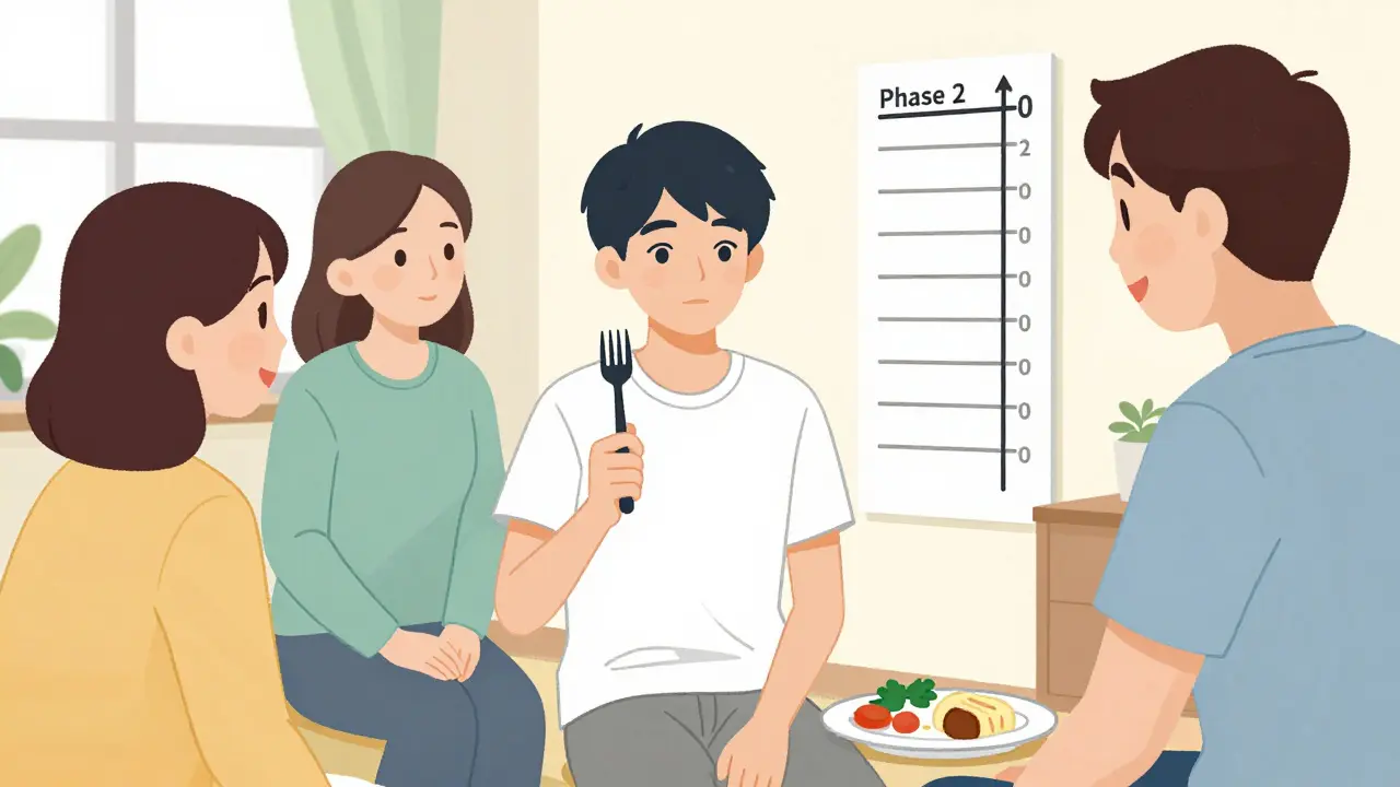 Adolescent samostatně jí ve fázi 2 FBT, rodiče s nadějí sledují.