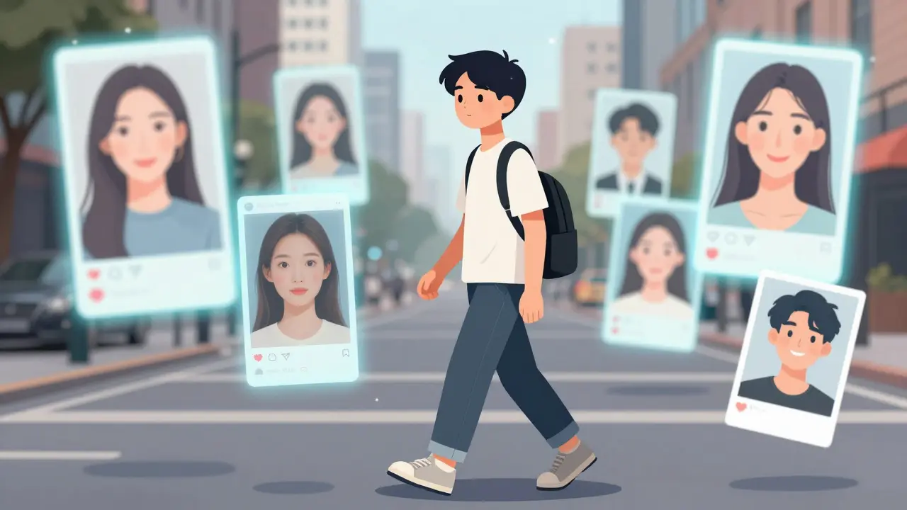 Člověk prochází ulicí, kolem něj plavou filtrované obrázky dokonalosti, ale on drží v ruce skutečný fotku svého skutečného obličeje.