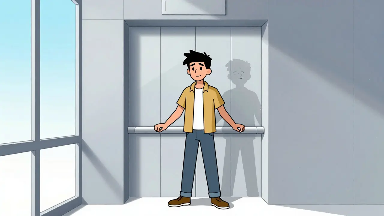 Člověk výtahem stojí spokojeně, zatímco jeho starý strach zmizí.