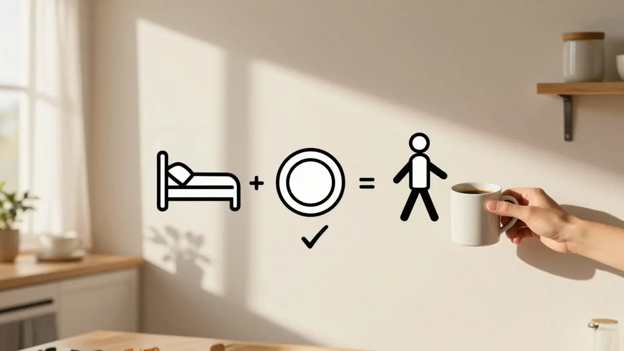 Denní rytmus znázorněný třemi jednoduchými ikonami na kuchyňské stěně s kontrolními značkami.