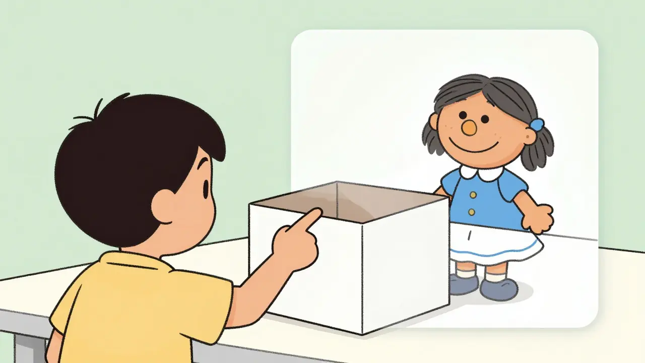 Dítě ukazuje na skrytou panenku, zatímco se zobrazuje její falešná představa o umístění hračky.