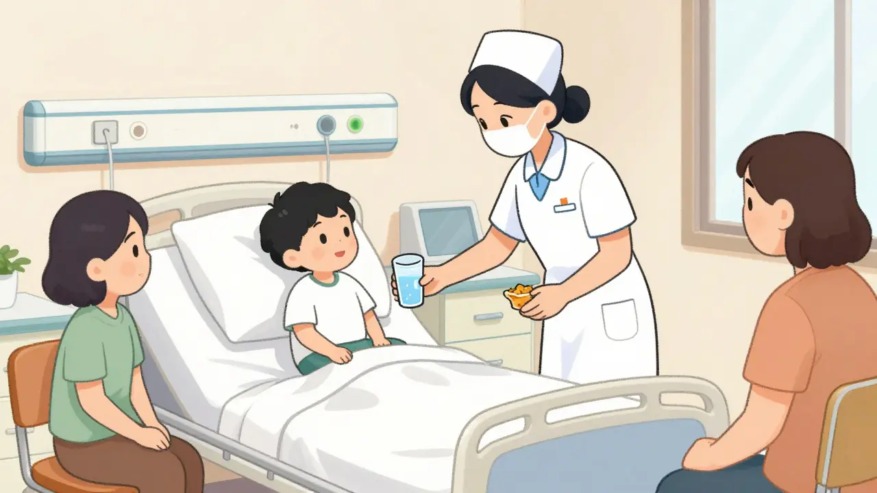 Dítě v dětské psychiatrické jednotce přijímá jídlo od sestry, rodiče pozorují.