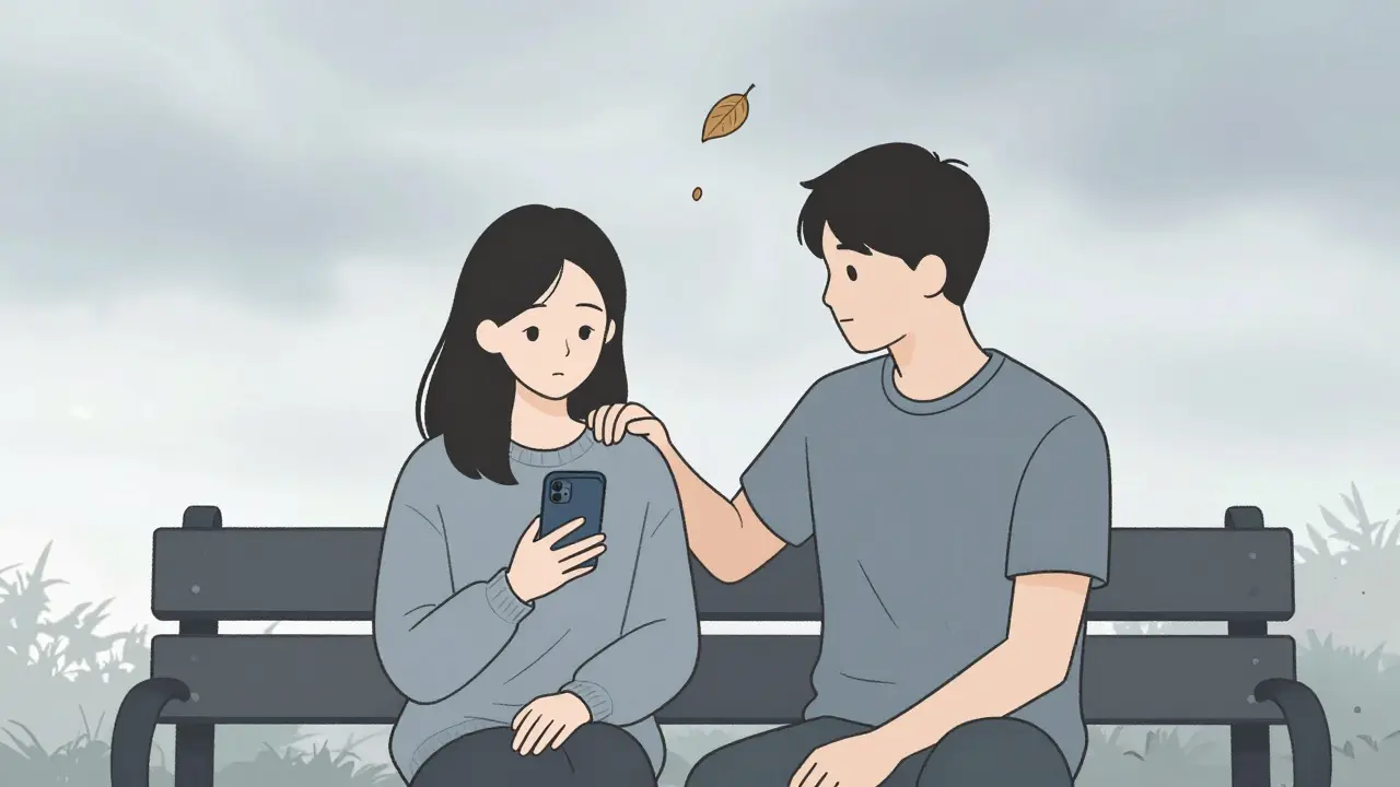 Dva lidé na lavičce v parku, jeden s mobilní aplikací, druhý klidně podává podporu bez slov.